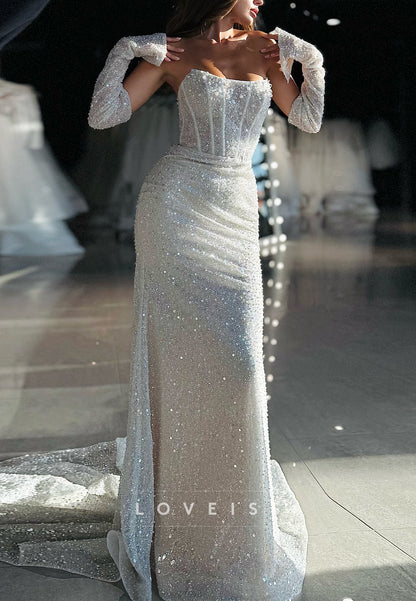 Off-Shoulder Sleeves Sequins Sparkly Mermaid Wedding Dress