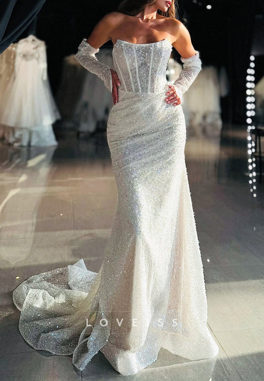 Off-Shoulder Sleeves Sequins Sparkly Mermaid Wedding Dress