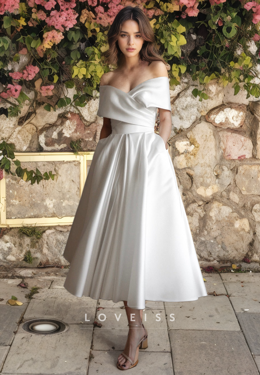 Off-Shoulder Sleeves Sleek Pleated A-Line Beach Wedding Dress