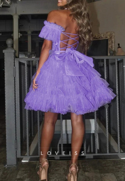 Off-Shoulder Sleeves Tulle Tiered A-Line Party Homecoming Dress