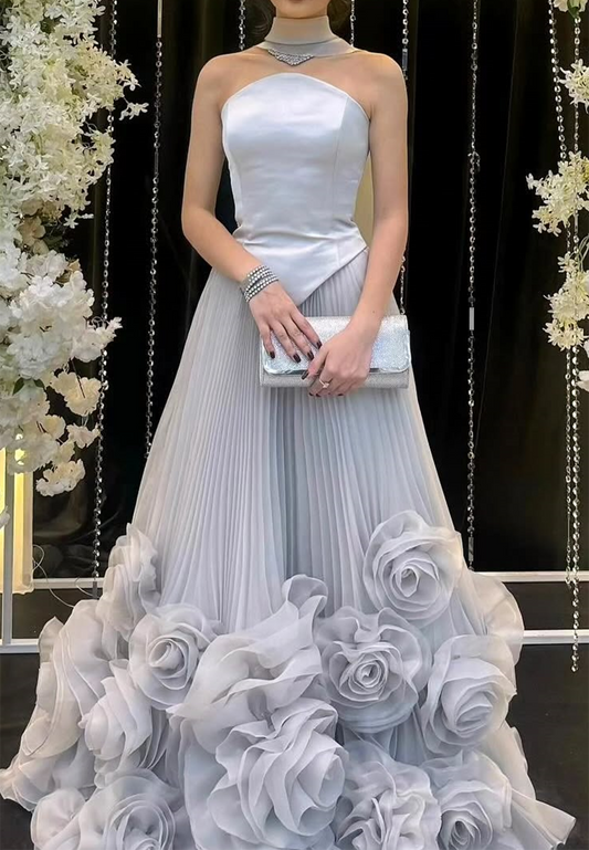 Off-Shoulder Sleevless 3D Floral Pleated A-Line Evening Dress