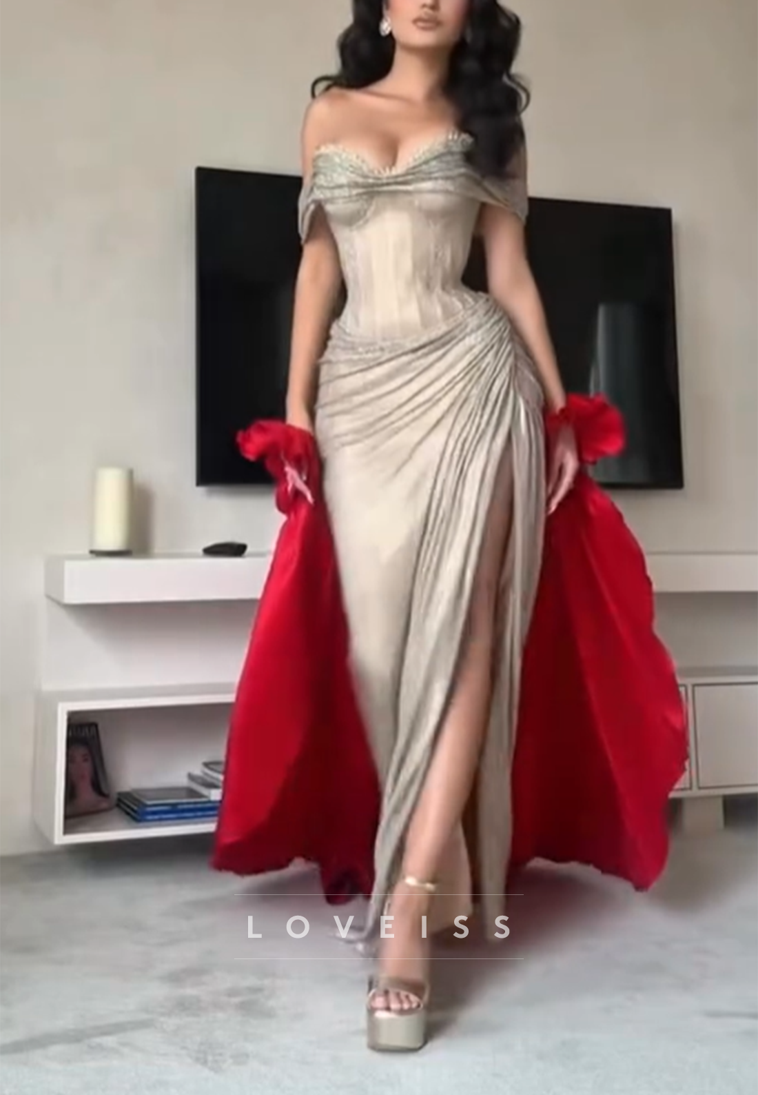 Off-Shoulder Slit Sparkly Sheath Prom Dress