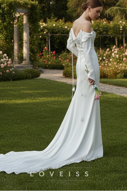 Off-Shoulder Spaghetti Straps Long Sleeves Sheath  Wedding Dress