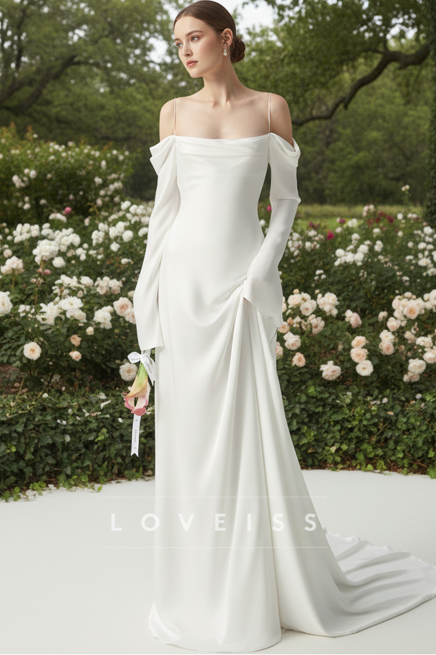 Off-Shoulder Spaghetti Straps Long Sleeves Sheath  Wedding Dress