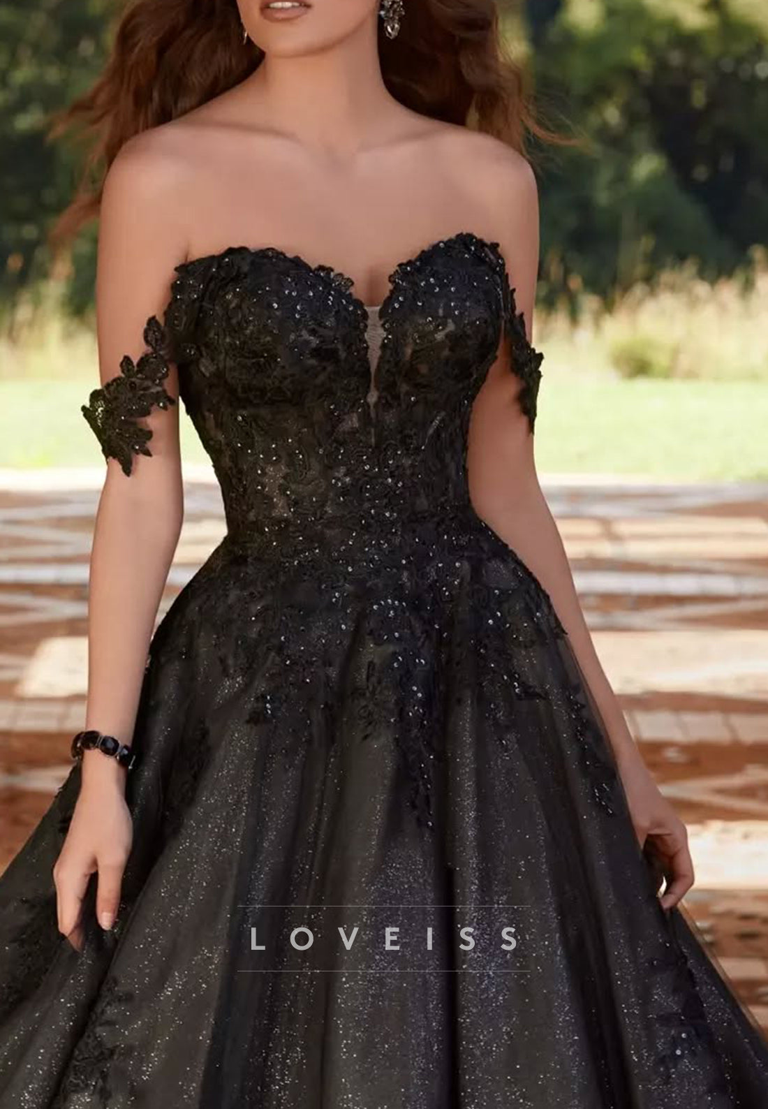 Off-Shoulder Sparkly Appliques Ball Gown Black Wedding Dress