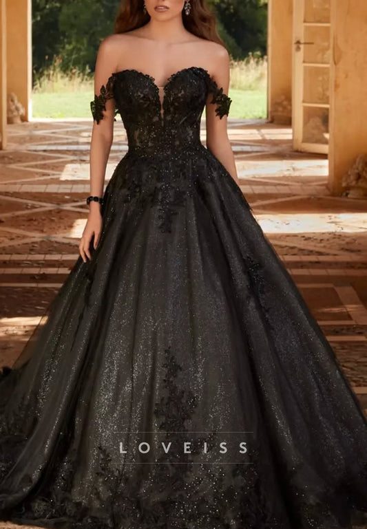 Off-Shoulder Sparkly Appliques Ball Gown Black Wedding Dress