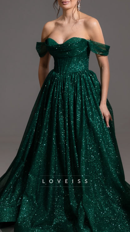 Off-Shoulder Sparkly Sleeveless A-Line Prom Dress