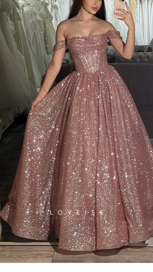 Off-Shoulder Sparkly Sleeveless A-Line Prom Dress