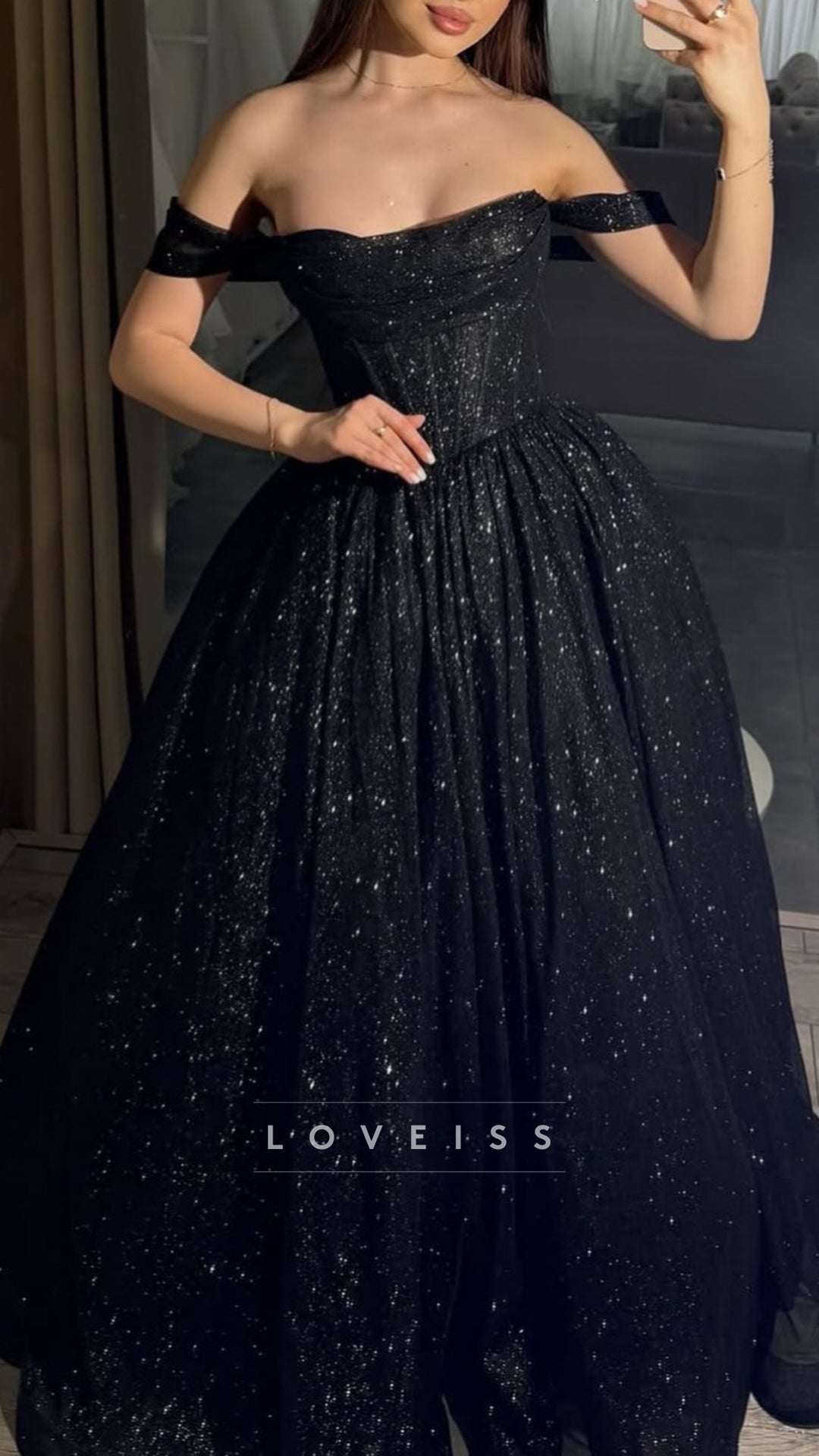 Off-Shoulder Sparkly Sleeveless A-Line Prom Dress