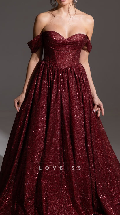 Off-Shoulder Sparkly Sleeveless A-Line Prom Dress