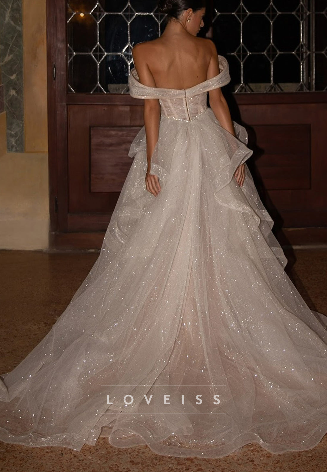 Off-Shoulder Sparkly Tiered Sleeveless Wedding Dress