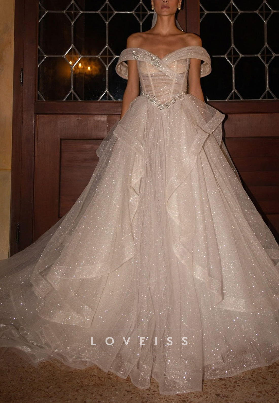 Off-Shoulder Sparkly Tiered Sleeveless Wedding Dress