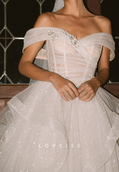 Off-Shoulder Sparkly Tiered Sleeveless Wedding Dress