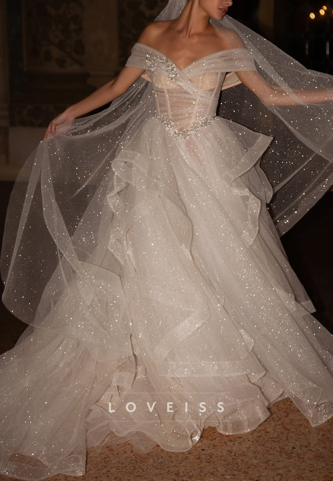 Off-Shoulder Sparkly Tiered Sleeveless Wedding Dress