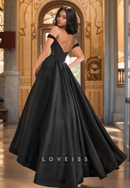 Off-Shoulder Strapless Appliques Corset Beaded Pleated Satin A-Line Prom Dress