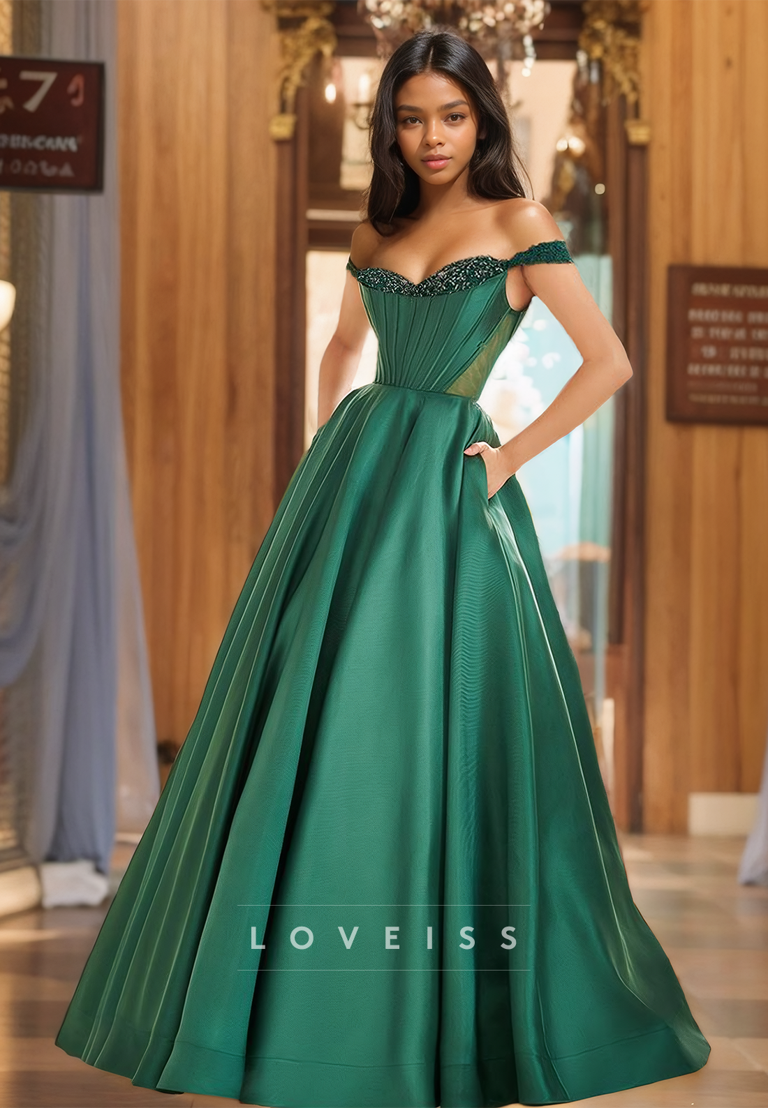 Off-Shoulder Strapless Appliques Corset Beaded Pleated Satin A-Line Prom Dress