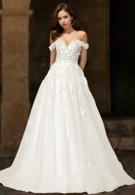 Off-Shoulder Strapless Appliques Pleated A-Line Wedding Dress