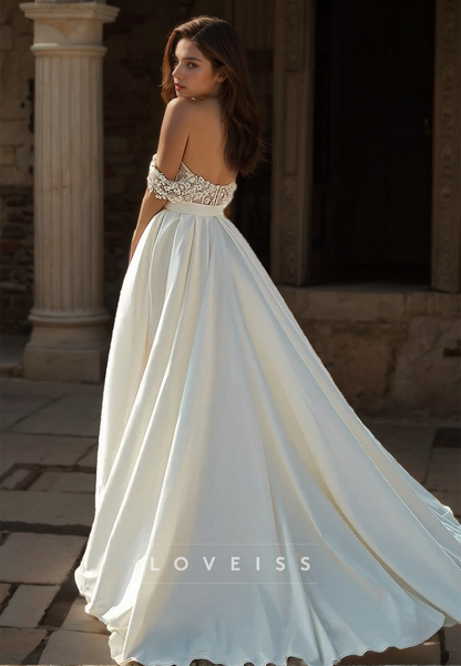 Off-Shoulder Strapless Appliques Pleated Satin A-Line Wedding Dress