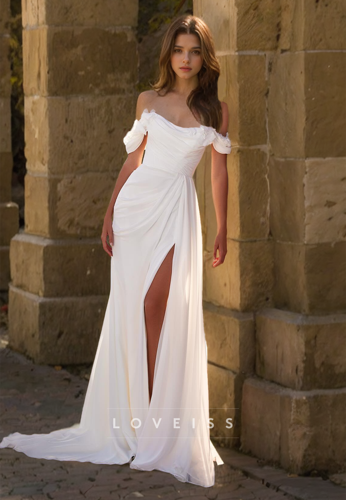 Off-Shoulder Strapless Appliques Ruched Side Slit Sheath Wedding Dress