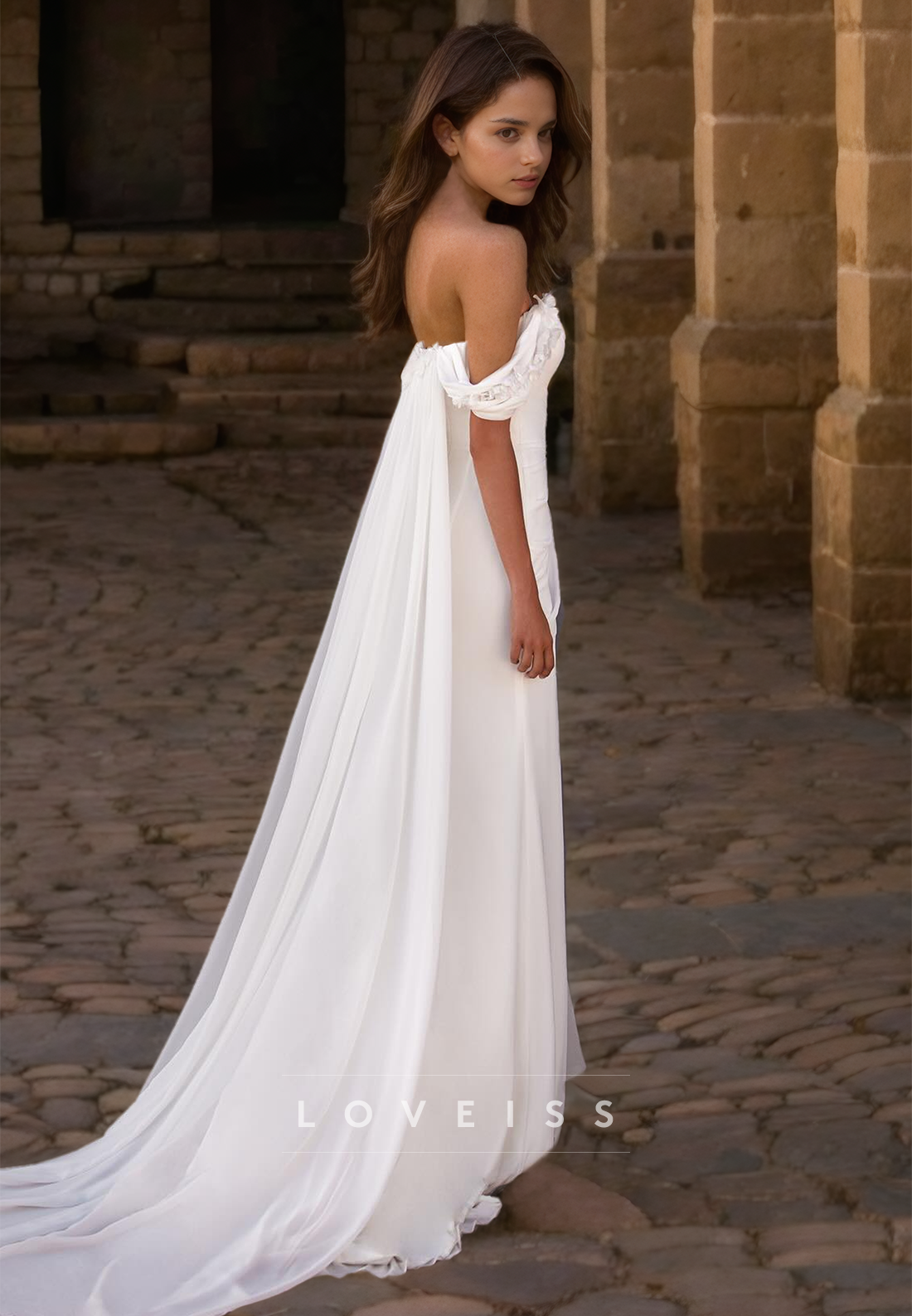 Off-Shoulder Strapless Appliques Ruched Side Slit Sheath Wedding Dress