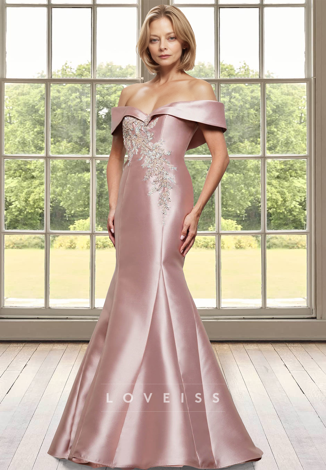 Off-Shoulder Strapless Appliques Satin Mermaid Mother of Bride Dress