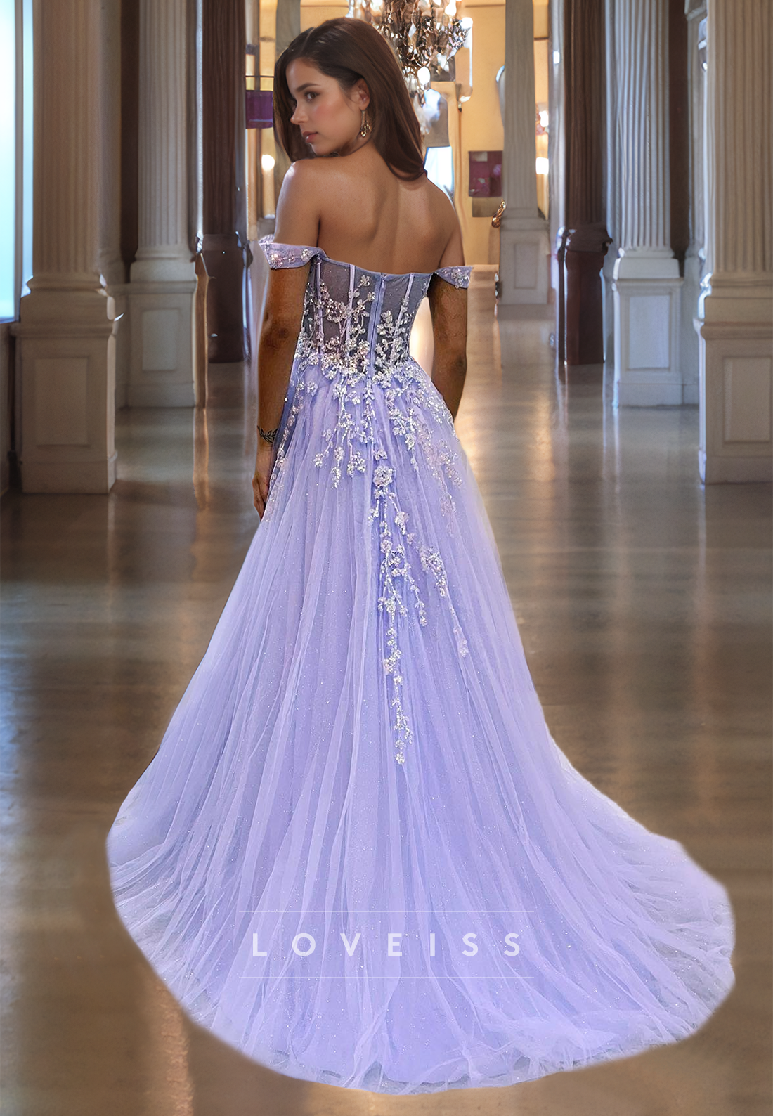 Off-Shoulder Strapless Appliques Sheer Tulle A-Line Prom Dress