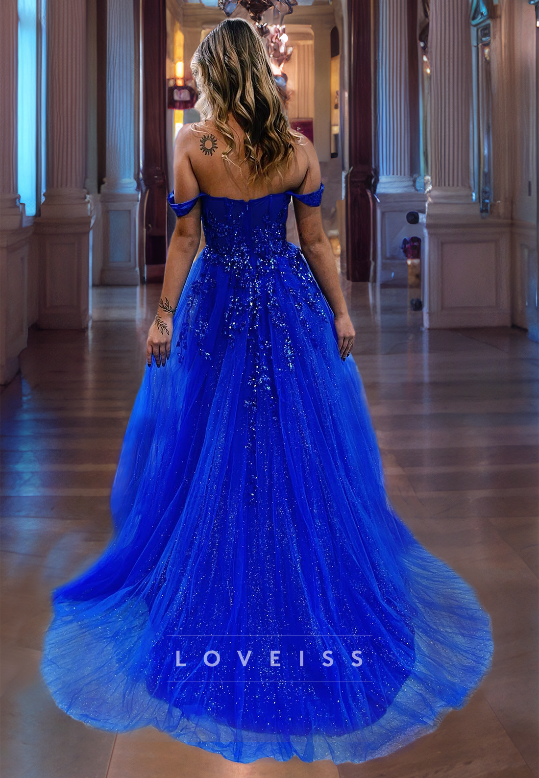 Off-Shoulder Strapless Appliques Sheer Tulle A-Line Prom Dress