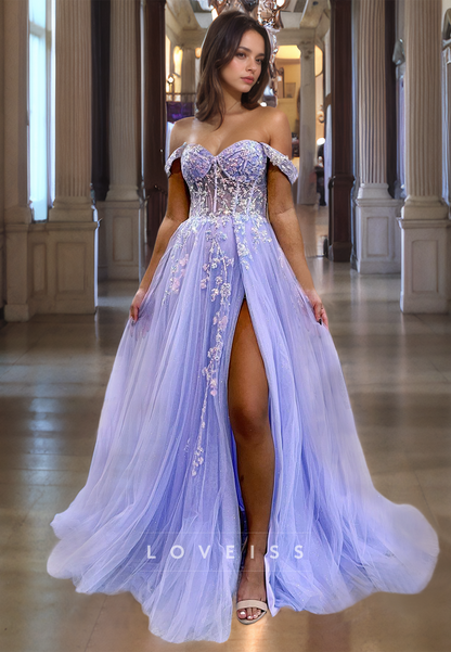 Off-Shoulder Strapless Appliques Sheer Tulle A-Line Prom Dress