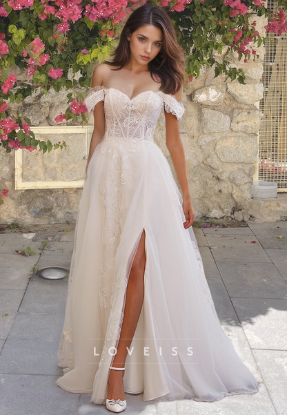 Off-Shoulder Strapless Appliques Side Slit A-Line Wedding Dress