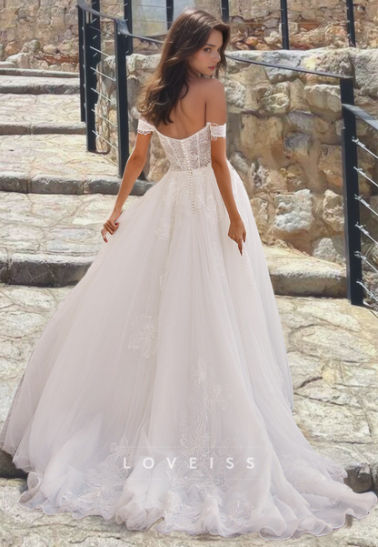 Off-Shoulder Strapless Appliques Side Slit A-Line Wedding Dress