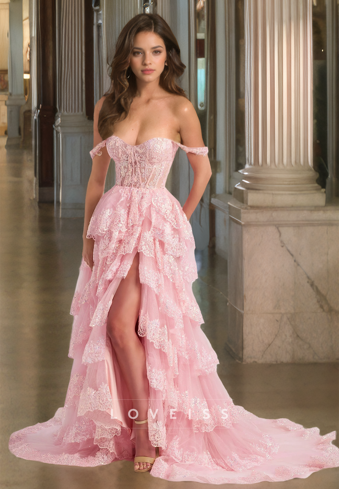 Off-Shoulder Strapless Appliques Tiered A-Line Prom Dress