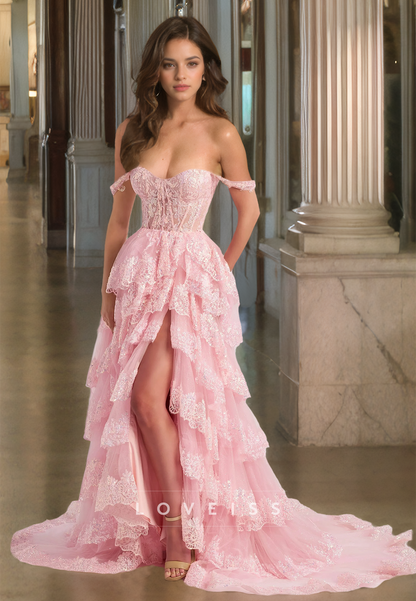 Off-Shoulder Strapless Appliques Tiered A-Line Prom Dress