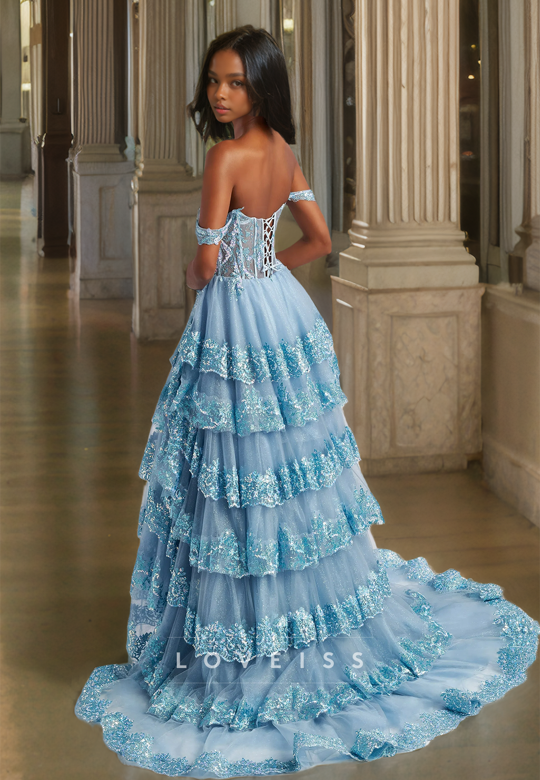 Off-Shoulder Strapless Appliques Tiered A-Line Prom Dress