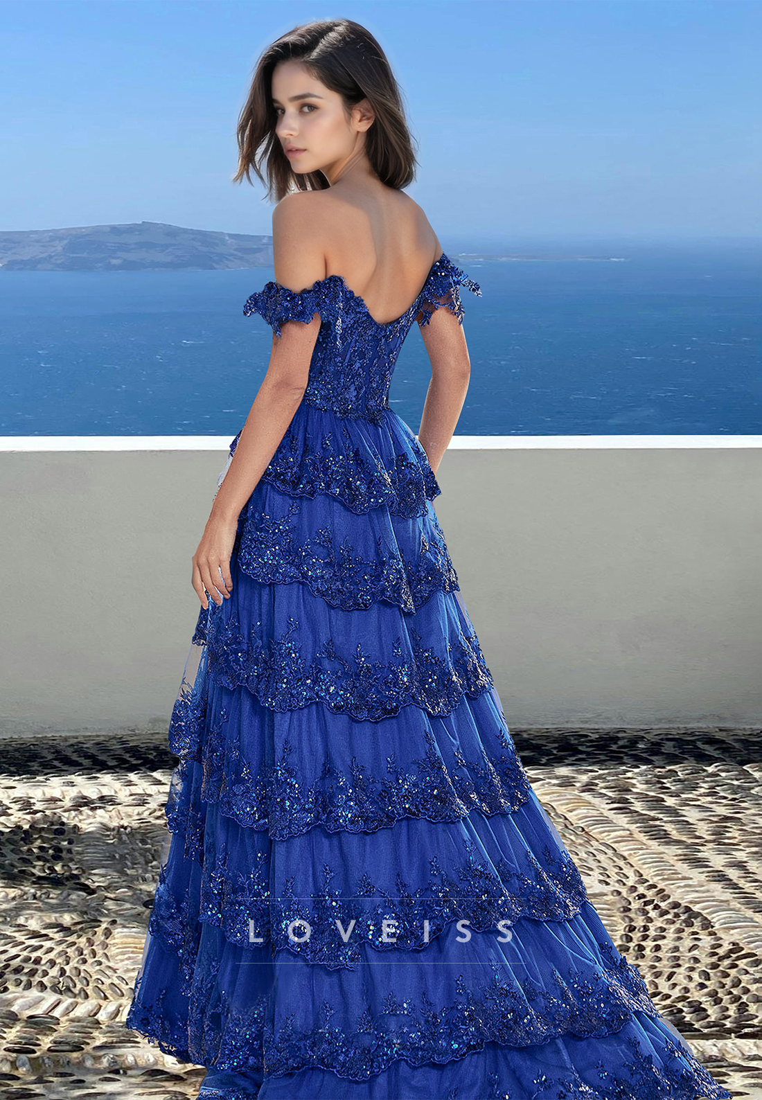 Off-Shoulder Strapless Appliques Tiered A-Line Sparkly Prom Dress