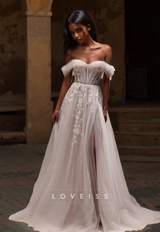 Off-Shoulder Strapless Appliques Tulle A-Line Beach Wedding Dress