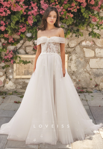 Off-Shoulder Strapless Appliques Tulle A-Line Wedding Dress