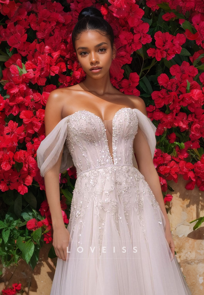 Off-Shoulder Strapless Appliques Tulle A-Line Wedding Dress