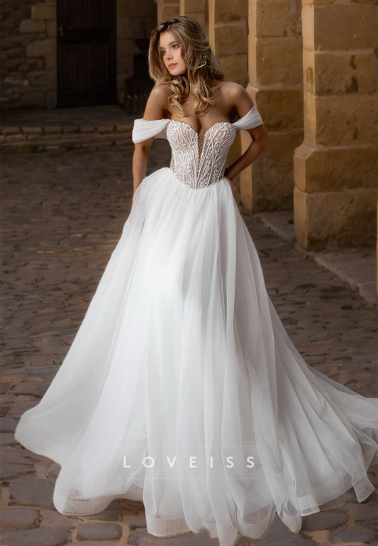 Off-Shoulder Strapless Appliques Tulle Ball Gown Wedding Dress