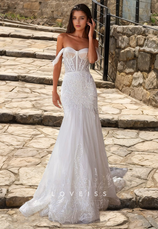 Off-Shoulder Strapless Appliques Tulle Mermaid Wedding Dress