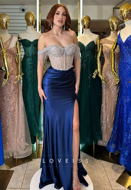 Off-Shoulder Strapless Beaded Frindge Pleated Sheath Prom Dress