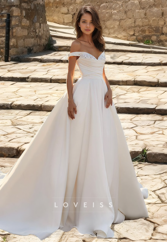 Off-Shoulder Strapless Beaded Pleated Sleek Satin A-Line Wedding Dress