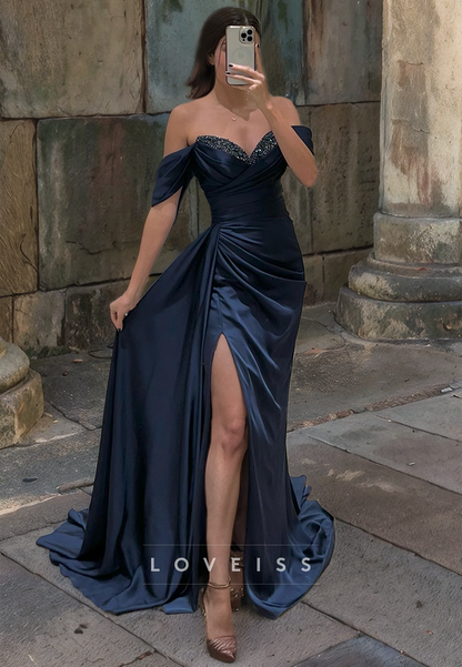 Off-Shoulder Strapless Beaded Ruched High Slit Prom Dress