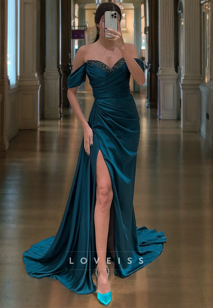 Off-Shoulder Strapless Beaded Ruched High Slit Prom Dress