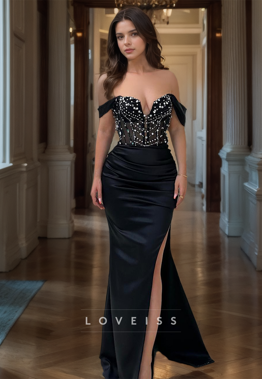 Off-Shoulder Strapless Beaded Ruched Side Slit Mermaid Prom Dress