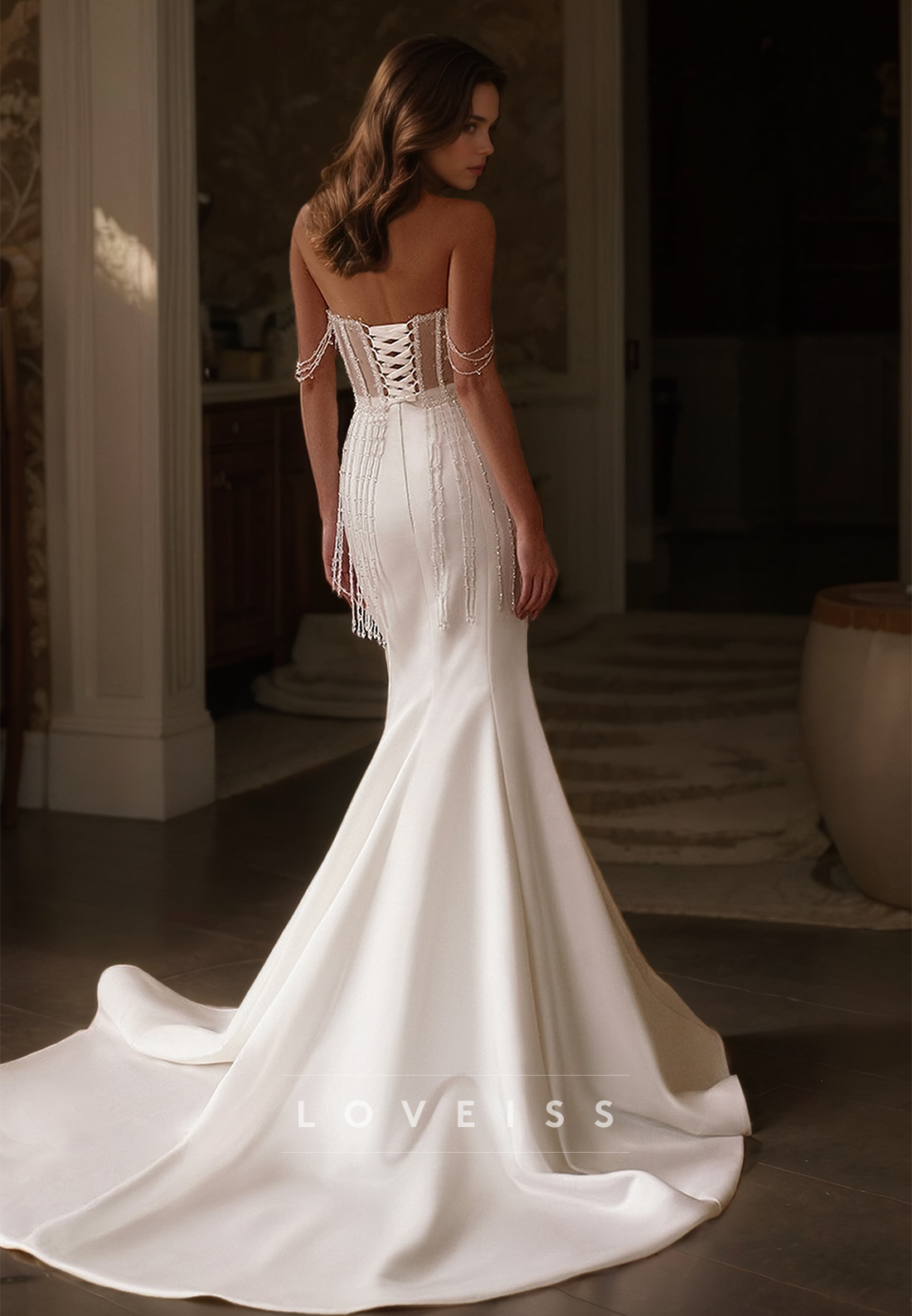 Off-Shoulder Strapless Corset Sleek Frindge Beaded Mermaid Wedding Dress Off-Shoulder Strapless Corset Sleek Frindge Beaded Mermaid Wedding Dress