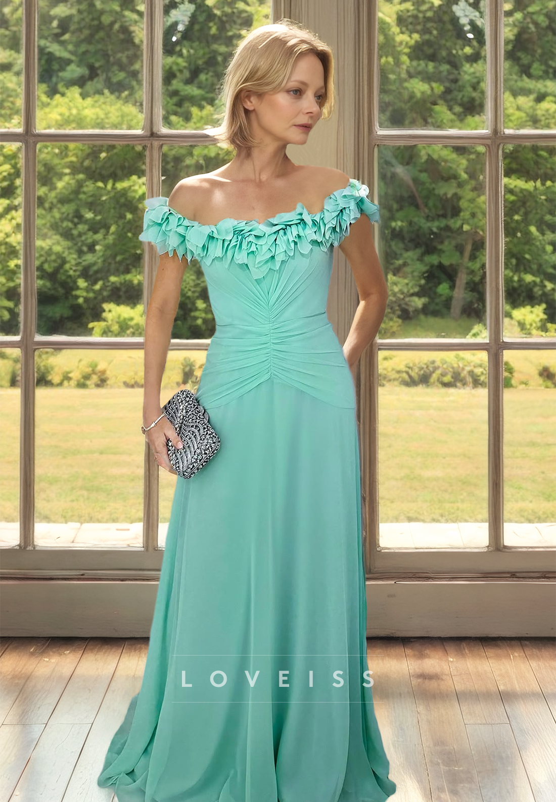 Off-Shoulder Strapless Floral Embellished Pleated A-Line Mother of Bride Dress