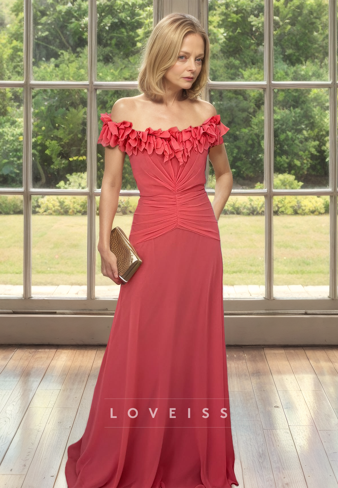 Off-Shoulder Strapless Floral Embellished Pleated A-Line Mother of Bride Dress