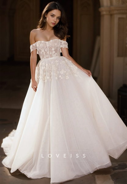 Off-Shoulder Strapless Floral Embellished Pleated A-Line Wedding Dress