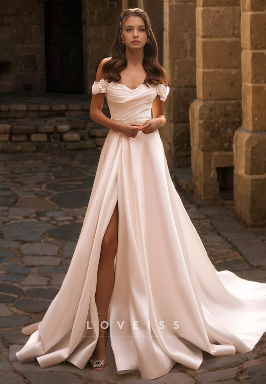 Off-Shoulder Strapless Floral Embellished Pleated Satin A-Line Wedding Dress