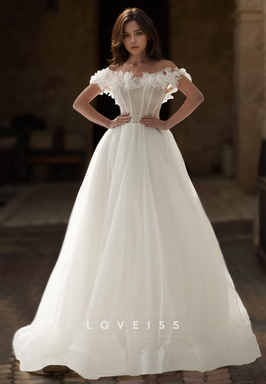 Off-Shoulder Strapless Floral Embellished Tulle Ball Gown Wedding Dress